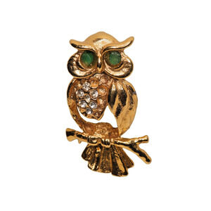 Gold Tone Metal Owl With Rhinestones Brooch Pin - 1.5 Inches Long